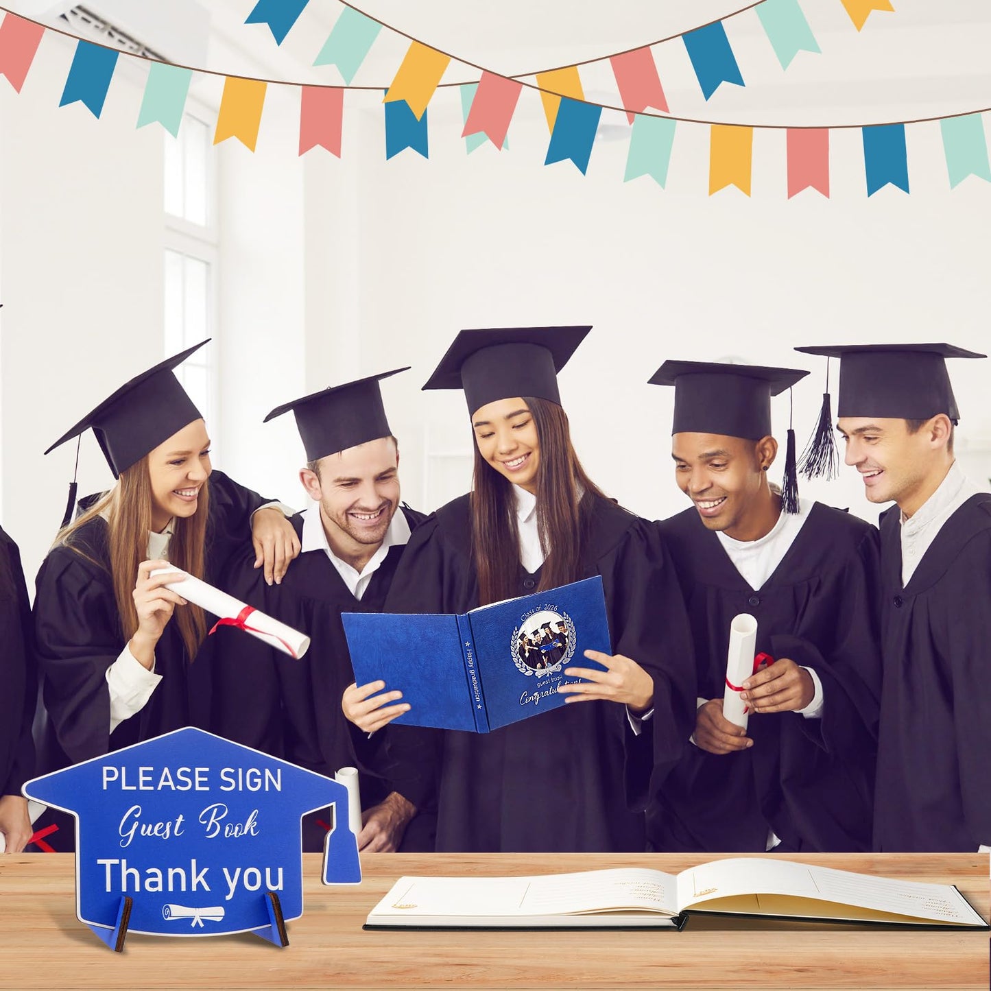 Pasimy Leather Graduation Guest Book with Grad Stand and Signature Pen 2026 Guest Sign in Book Grad Memory Registry Guestbook for College High School Graduation Party Gifts Supplies(Blue Silver)