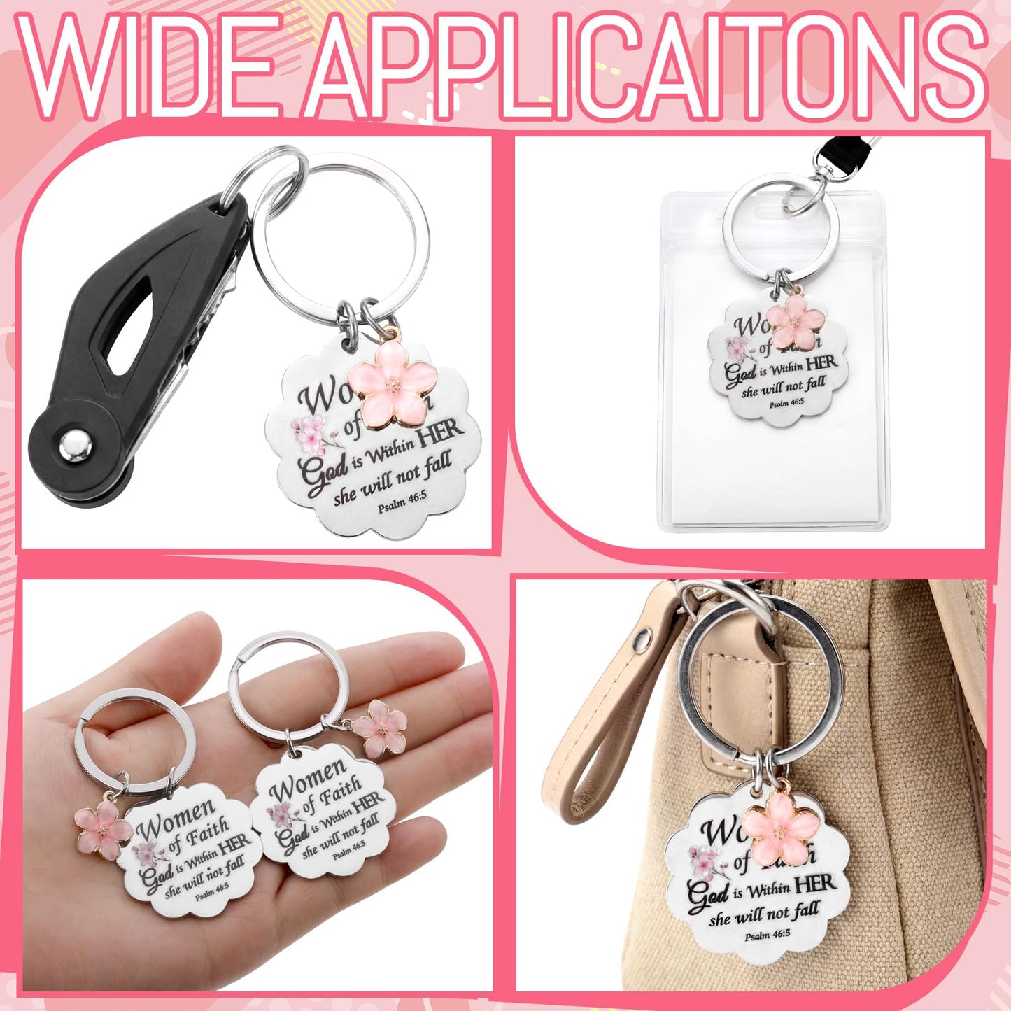 Cunno Christian Gifts for Mother's Day Women Church Religious Keychain Bulk Scalloped with Enamel Sakura Woman of Faith(24 Pcs)