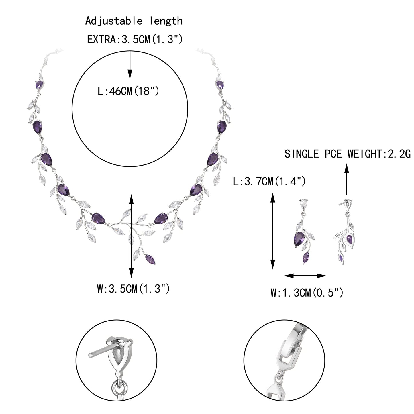 EVER FAITH Party Jewelry Set for Women, Sparkly Cubic Zirconia Pear-Shaped Birthstone Leaf Necklace Earrings Sets for Prom Purple
