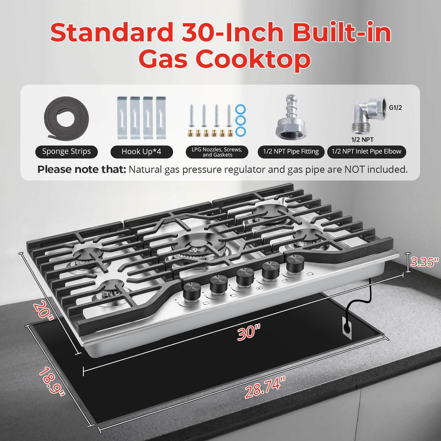 SNDOAS 30 Inch Gas Cooktop, 5 SABAF Burners 47400 BTU Built-in Gas Stove Top with 22000 BTU Triple Ring Wok Burner, Cast Iron Griddle, Stainless Steel Top, NG/LPG Convertible, Knob Control