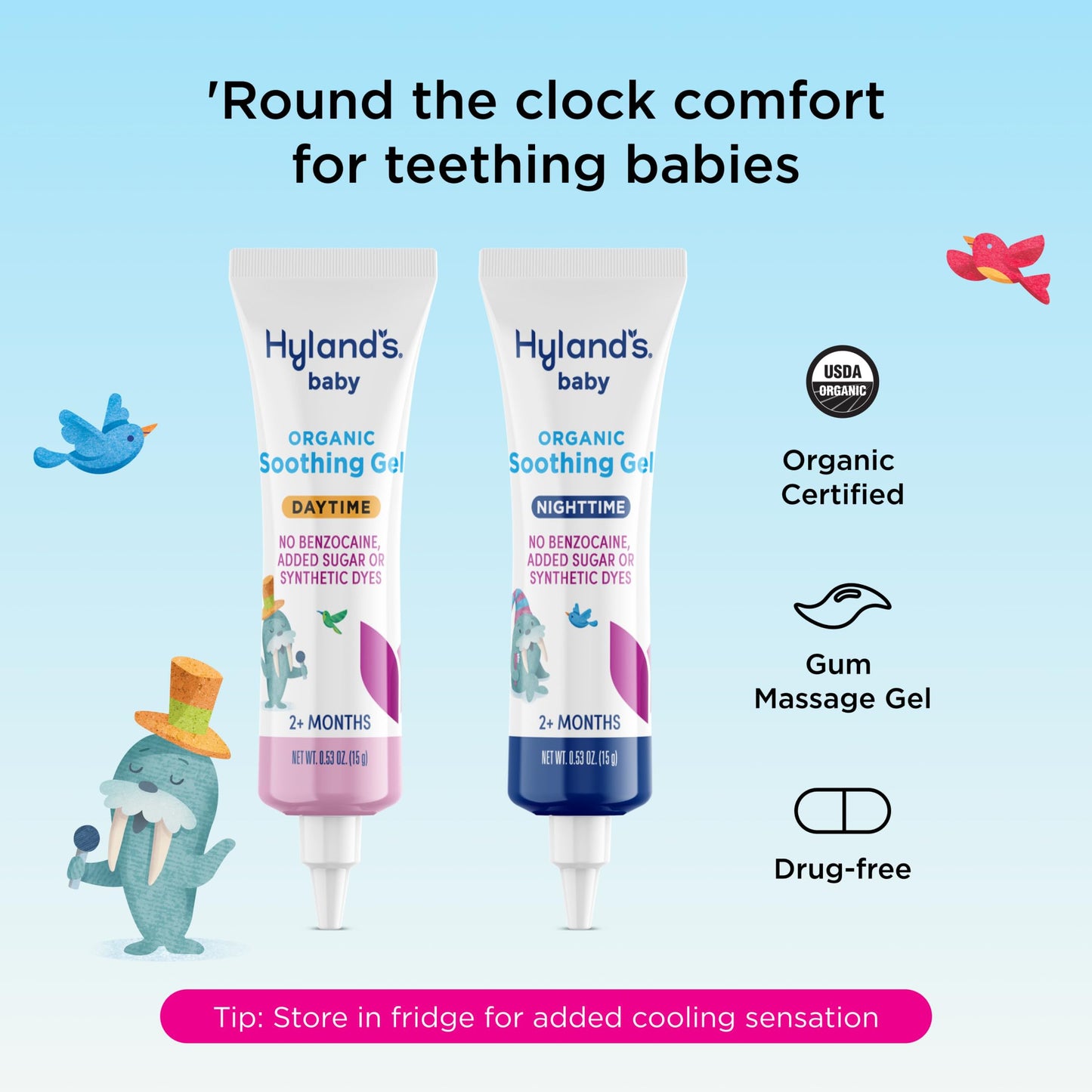 Hyland's Baby Organic Day and Night Soothing Gel Combo Pack, Cooling Gel for Oral Discomfort, Easy-to-Apply, Ages 2 Months and Up, 1.06 Ounce (2 Tubes of 0.53 oz.)