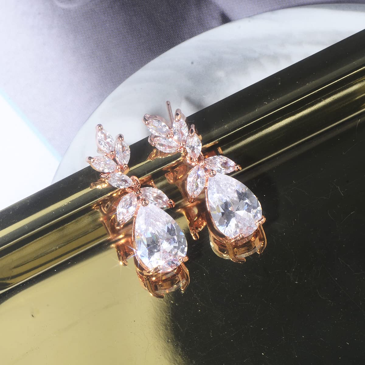 Cubic Zirconia Bridal Earring Rose Gold - Women’s Teardrop CZ Cluster Floral Leaf Crystal Rhinestone Dangle Drop Earring for Bride Bridesmaids Mother of Bride Party Prom