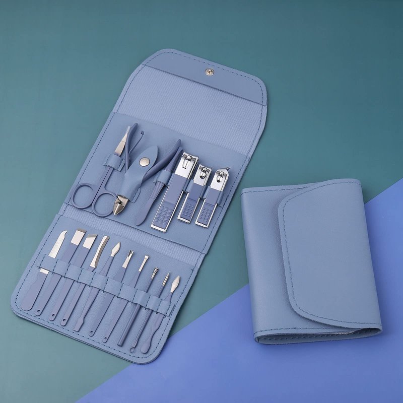 Manicure Set, Nail Clippers, Pedicure Kit, 16 in 1 Professional Grooming Kit Stainless Steel, Nail Toenail Scissors Tools with Luxurious Leather Travel Case for Men Women Blue Upgraded Version