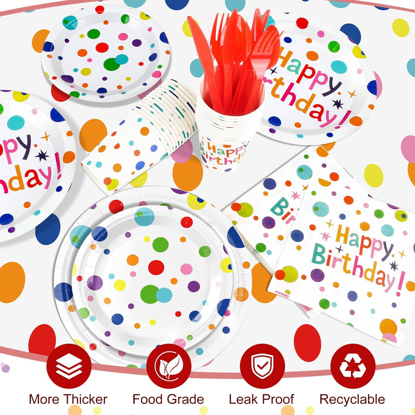 Happy Birthday Decorations – 226pcs Colorful Polka Dots Birthday Party Supplies Set with Plates, Napkins, Cups, Tablecloth, Banner, Balloons & Honeycomb Centerpieces, Serves 25