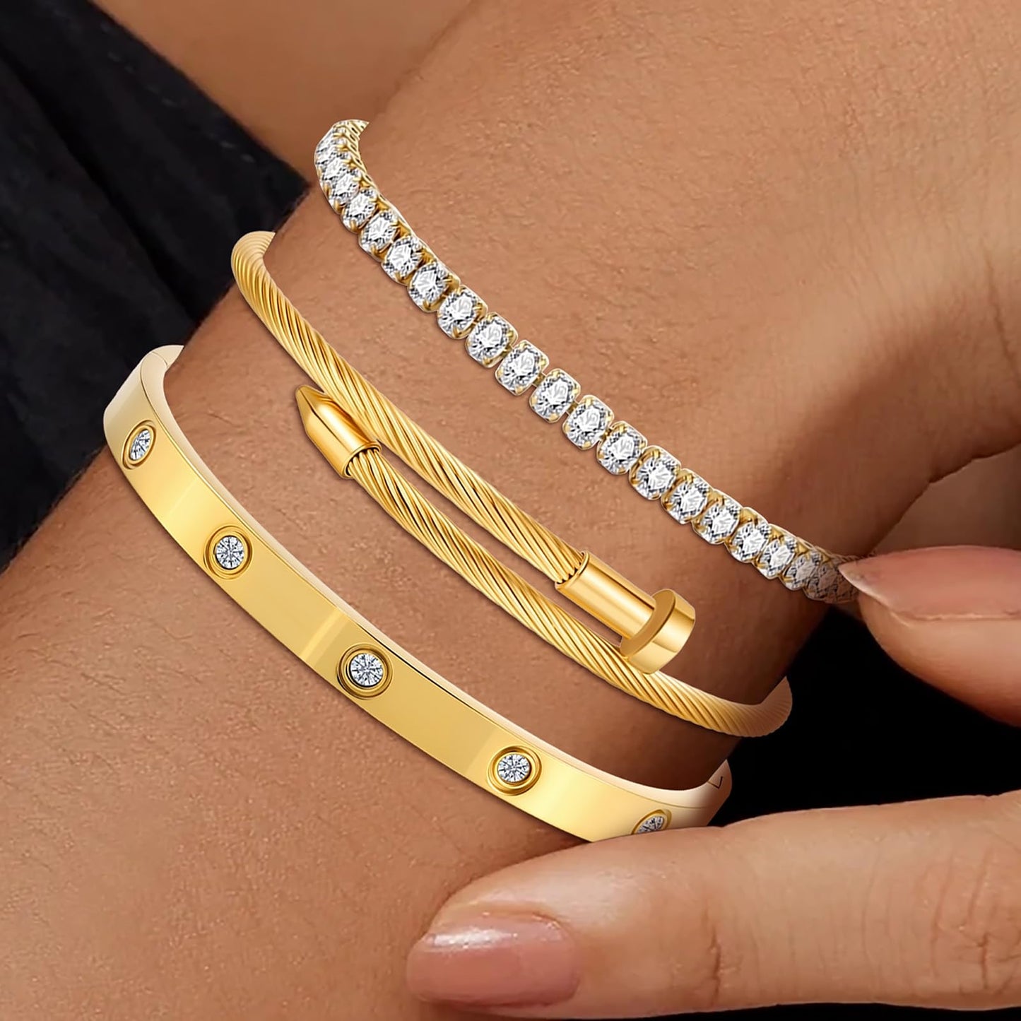 Camhanno Gold Bracelets for Women- 18K Gold Plated Stainless Steel Love Bangle, Nail & Tennis Bracelets Stack Set for Women with Gift Box |Accessories Designer Jewelry (Gold Bracelets)