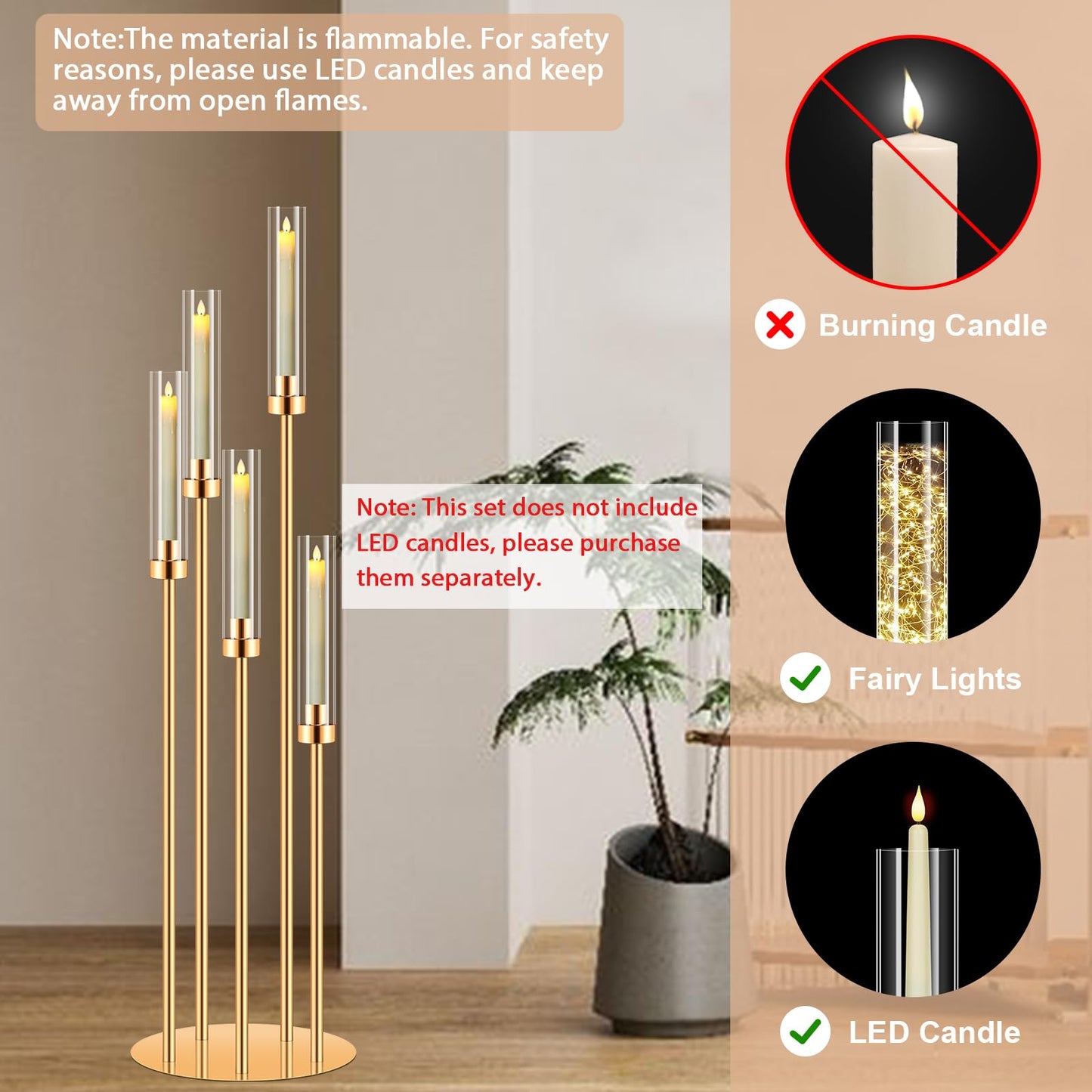 2 Sets Candelabra Centerpieces for Tables,42'' Tall 5 Arms Candlesticks Holder with Lampshade,Wedding Centerpieces,Gold Candle Holders for Wedding,Home Decoration Housewarming Gift,Fit LED Candles