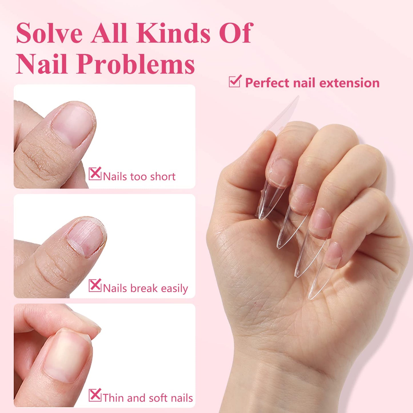 Quaferen Clear Stiletto Nail Tips, 500PCS Half Cover Soft Gel Nail Tips Medium Stiletto False Nails Almond Shape Curved Tips for Acrylic Nails Salon Home DIY with Box 10Sizes