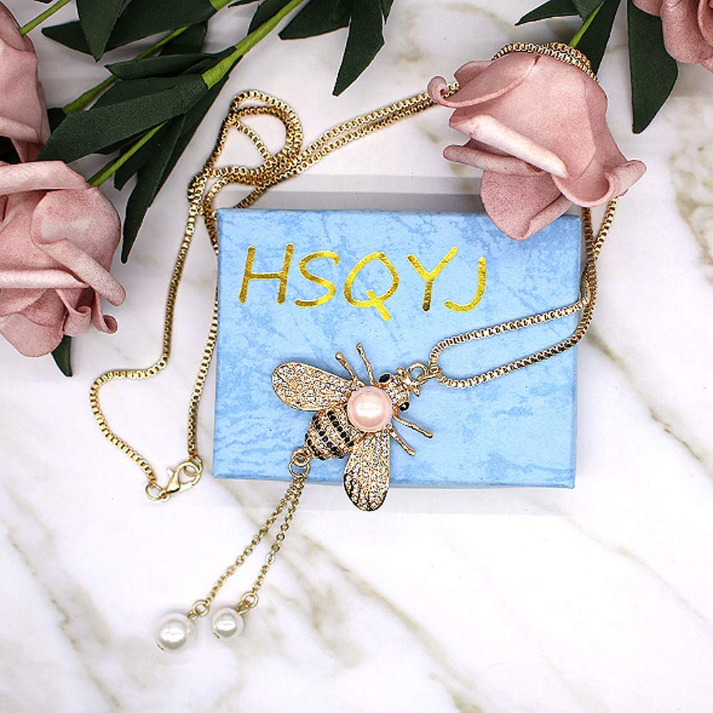 Honey Bee Necklace Crystal Insect Themed Bee Necklace Animal Fashion Shell Pearl Long Necklaces Gold Tone for Women Jewelry(Pink pearl nceklace)