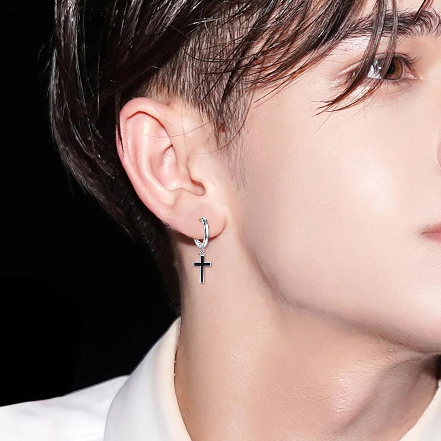 Men Cross Hoop Earrings 925 Sterling Silver Black Huggie Dangle Drop Earrings Christian Jewelry Birthday Gifts for Women (Black Cross Hoop)