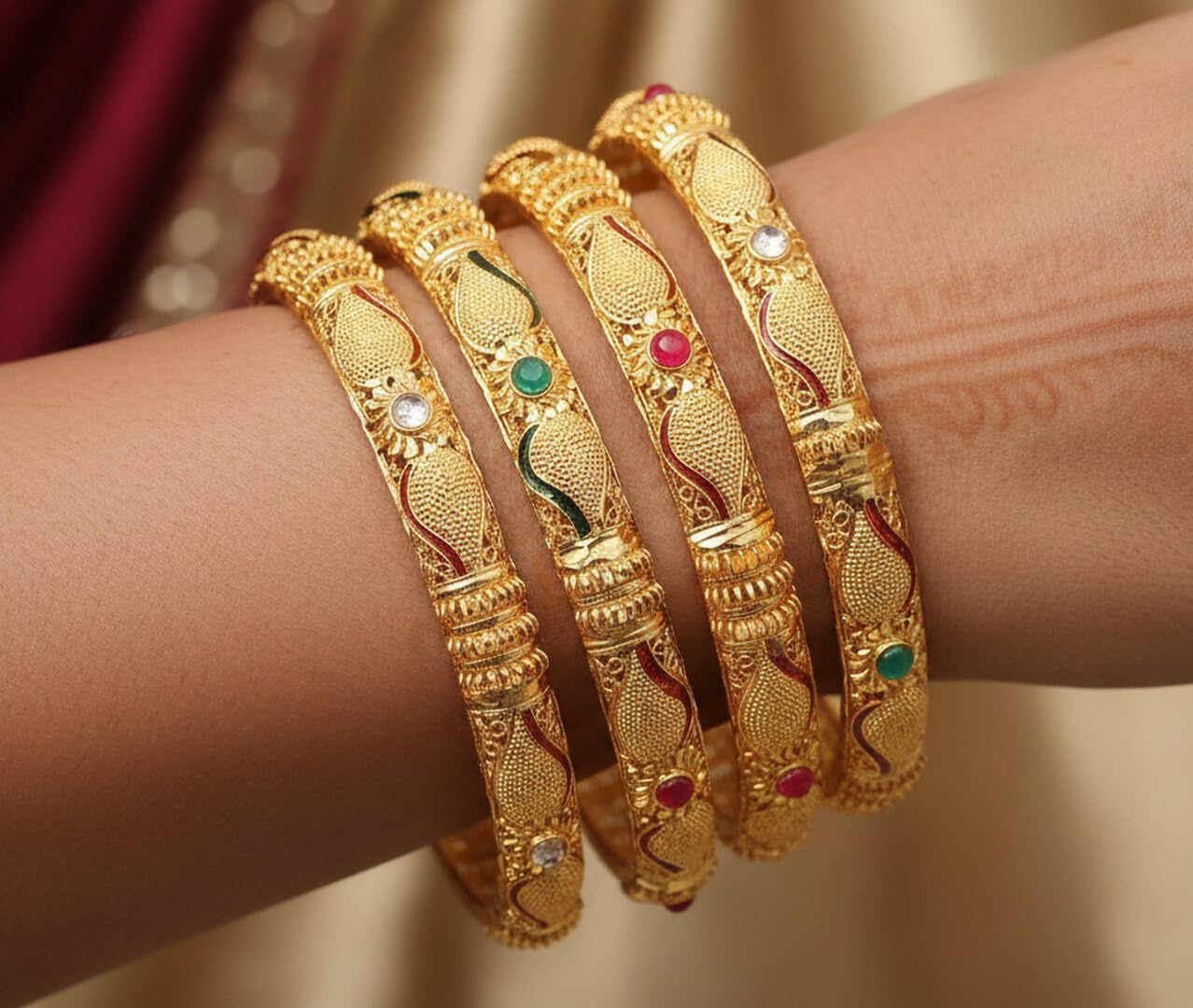 Touchstone "Golden Bangle Collection Indian Bollywood Desire Beautifully Carved Conch Shell Inspired Faux Ruby Emerald Thick Designer Jewelry Bangle Bracelets. Set of 4. in Gold Tone for Women.