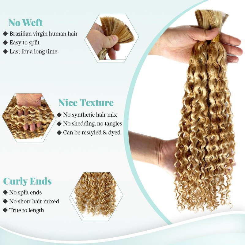 Water Wave Bulk Human Hair for Boho Knotless Braids 18 Inch Ombre Color Strawberry Blonde with Bleach Blonde Highlights No Weft 2 Bundles 100G Deep Curly Micro Extensions for Braiding