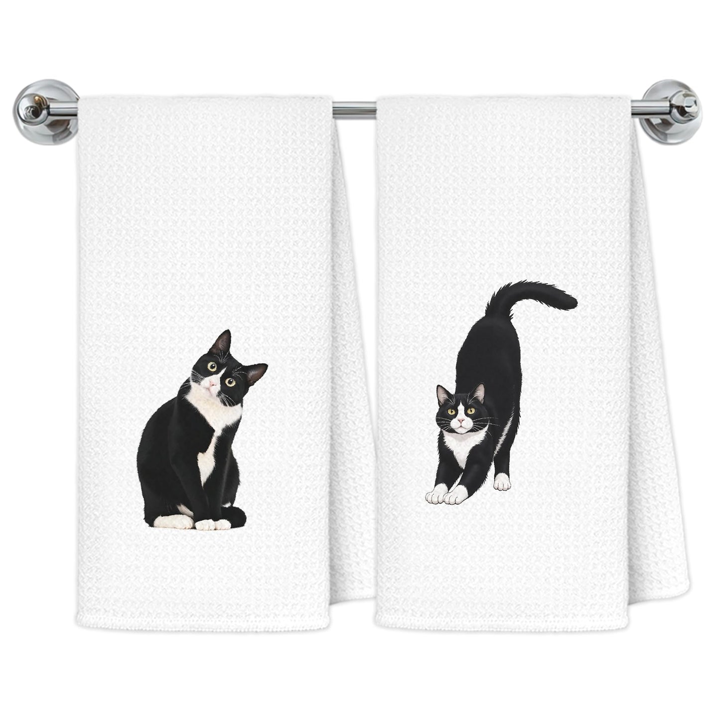 Exqcom Funny Tuxedo Cat Kitchen Towels Set of 2, Cat Lover Mom Lady Gifts Hand Towels for Bathroom Kitchen, Black and White Kitty Kitten Decorative Dish Towels Drying Cloth, 16x24 Inch Set of 2