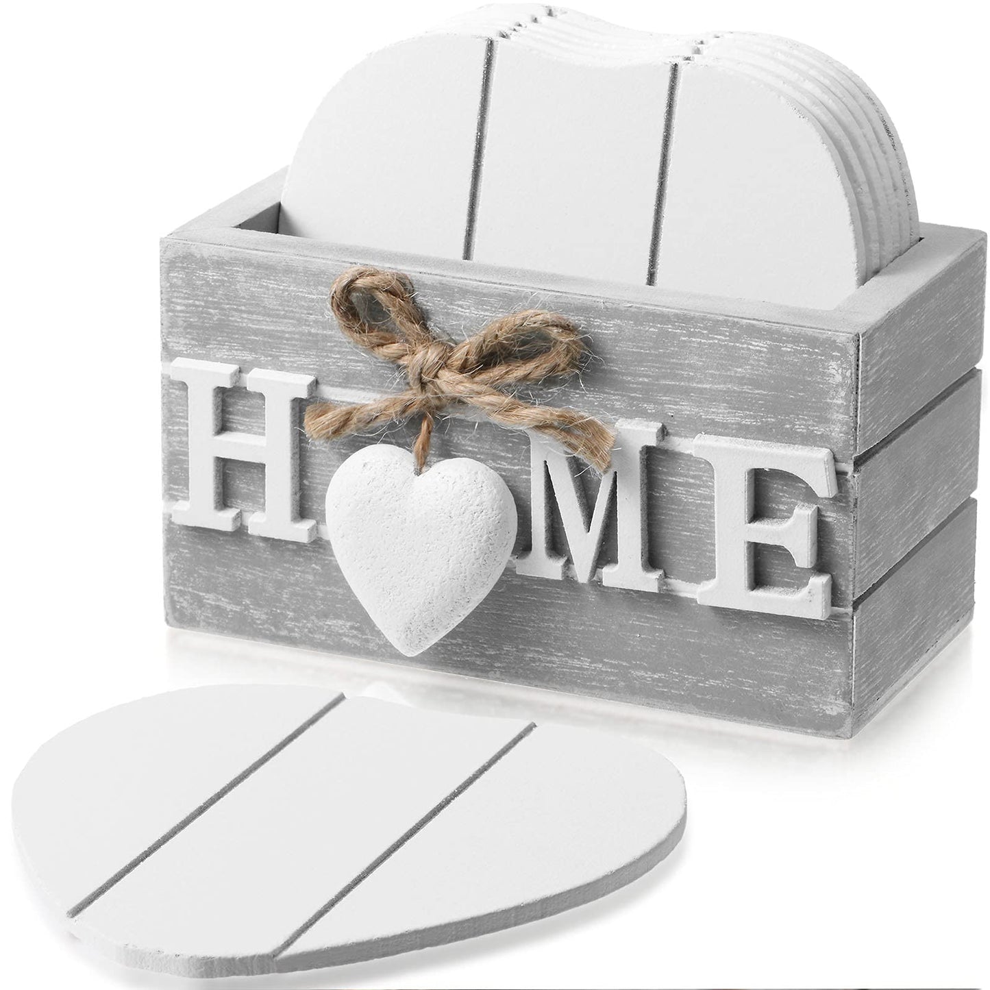 Patelai Set of 6 Wooden Heart Coasters House Warming Gifts New Home White Elephant Gifts for Adults Funny Farmhouse Coasters with Holder for Coffee Table Protection Decoration(Home,Grey)