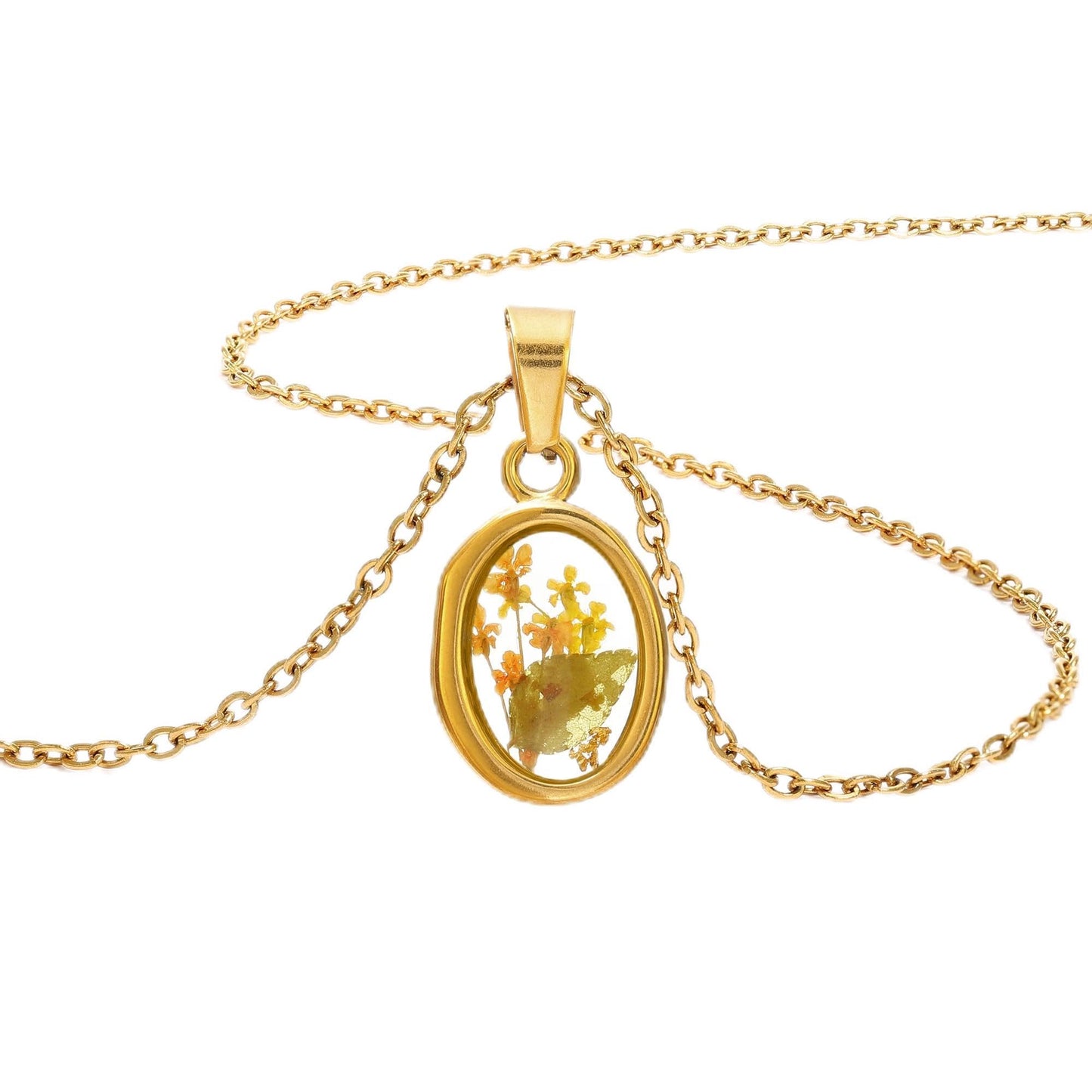 LETFLY Birth Flower Necklaces for Women, 18K Gold Plated Oval Shaped Handmade Floral Pendant, Pressed Flower Necklace Jewelry Gifts Peace