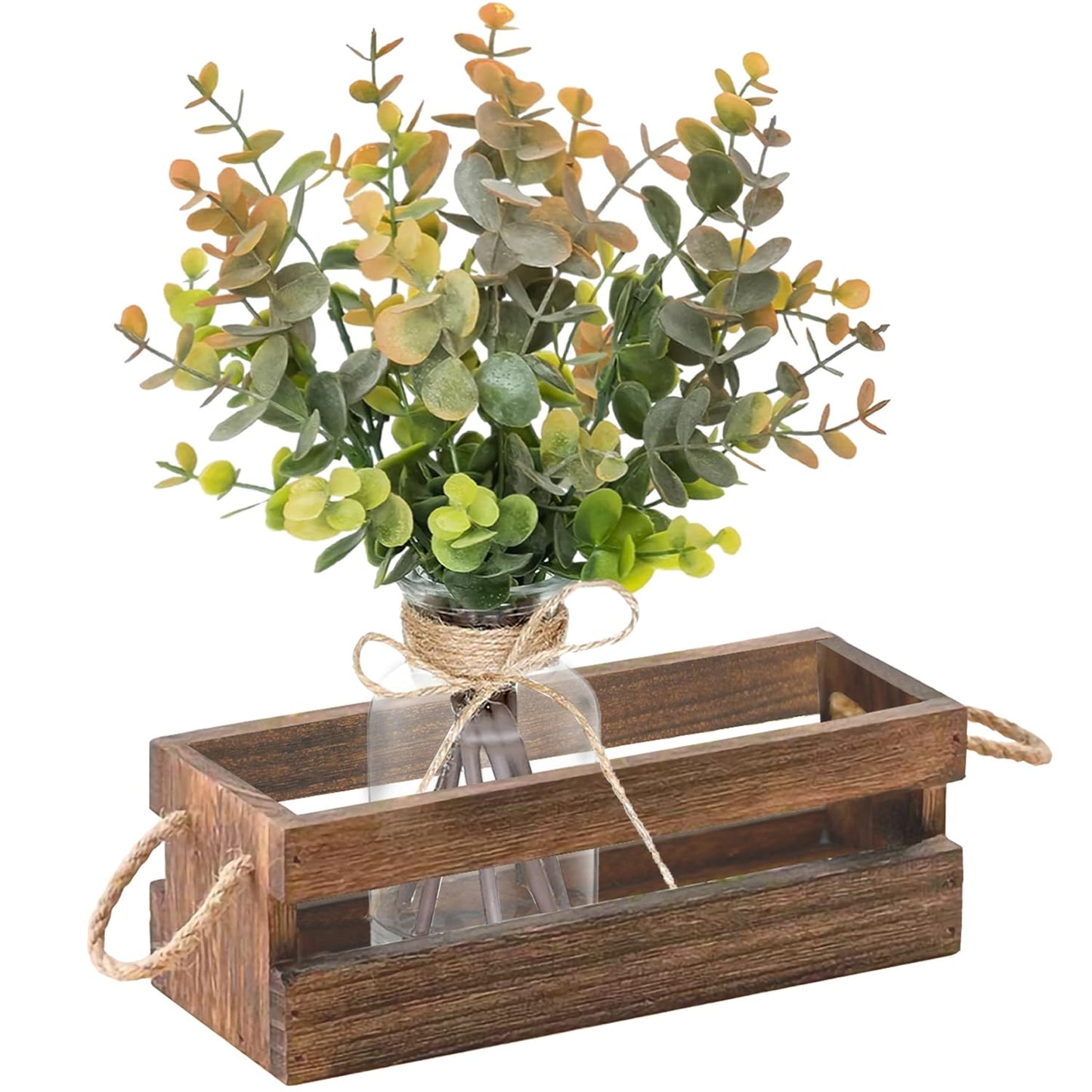 Fawairyc Artificial Eucalyptus Stems in Glass Vase with Faux Water,Combined with Wood Tray Centerpiece Table Decoration,11" Fake Plant with Orange-Green Leaves for Home Decor