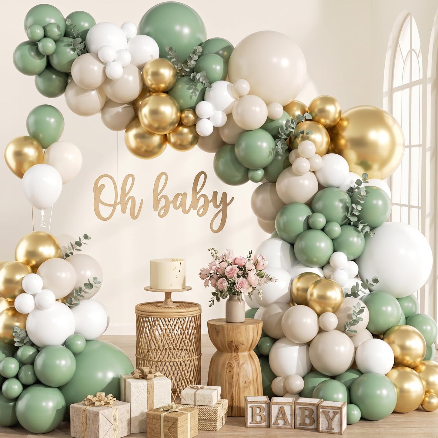 KARLURE Sage Green Balloon Arch Kit Garland with Retro Green White Sand Gold Balloons for Baby Shower Baby In Bloom Wedding Birthday Neutral Rustic Boho Botanical Greenery Wild Decor Party Decorations
