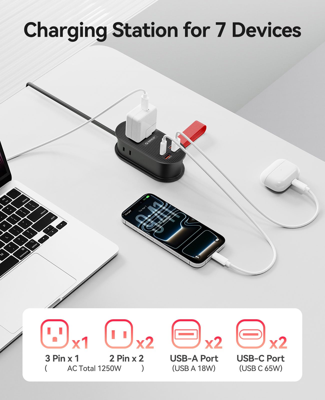 ORICO 65W USB Travel Power Strip, 7 in 1 Charging Station with 3AC, 2 USB-A, 2 USB-C, Flat Plug and 4ft Extension Cord, Fast Charger for MacBook, iPad, iPhone 17/16/15 - TK65