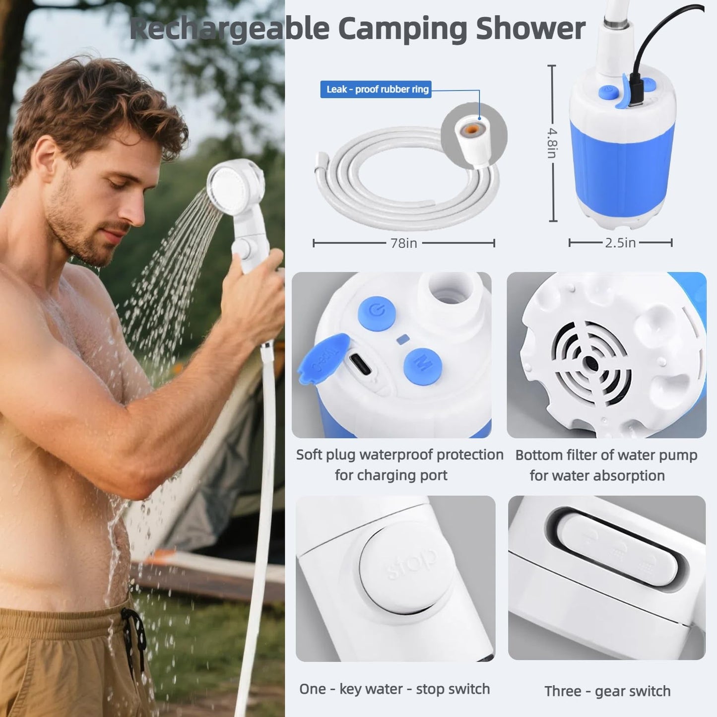 Portable Shower for Camping, Rechargeable Portable Camping Shower Pump with USB-C, Camp Shower with 3 Spray Modes, Outdoor Shower Kit for Camping, RV, Travel, Pet Bath, Watering Plants (+ Mesh Bag)