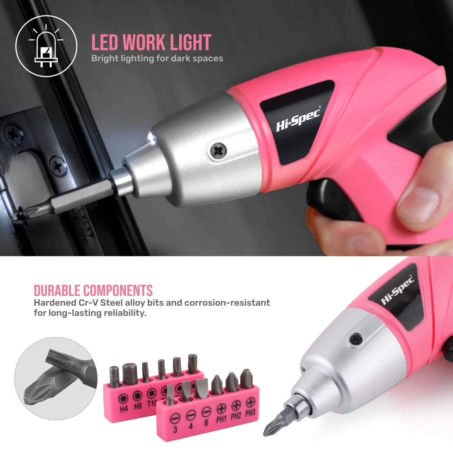 Hi-Spec Cordless Electric Screwdriver, Power Screw Driver Set with Pink Compact Tool Kit for Small Repair and Maintenance- Ideal Housewarming Gift,19 Piece