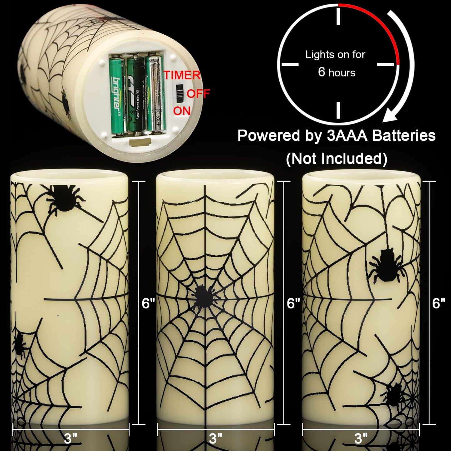DRomance Flameless Candles Battery Operated with Timer, Set of 3 Spider Cobweb Decals Yellow Light Real Wax LED Flickering Pillar Candles Dinner Tabletop Halloween Home Decoration (3" x 6"")"