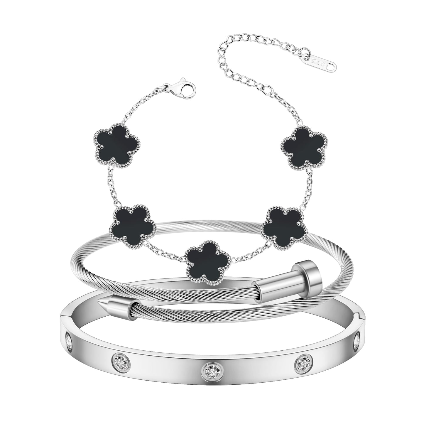 Jade cabbage Gold Bracelets for Women 18K Gold Plated Love Friendship Bracelet With Cubic Zirconia Cuff Bangle Jewelry Set Witness the Gift of Love (Silver 3pcs-B Medium 6.5")