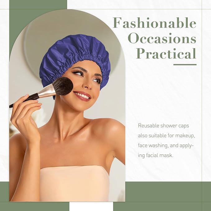 Reusable Shower Cap for Women, Large Waterproof Shower Bonnet with Elastic Band, Washable Bath Hair Cap for Long, Curly Hair, Braids, Daily Shower, Home Spa, Travel(Dark Blue Purple)