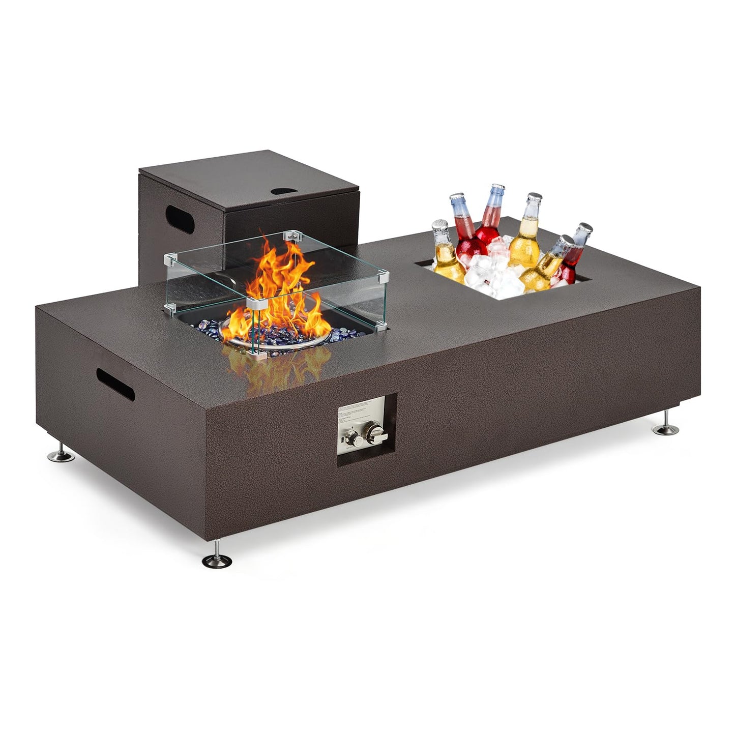 56 in Propane Fire Pit Table with Ice Bucket，50000BTU Fire Table with 13 in Square Drink Ice Bucket Wind Guard, Fire Glass Beads & CSA Safety Certified Outdoor Firepit for Patio Garden