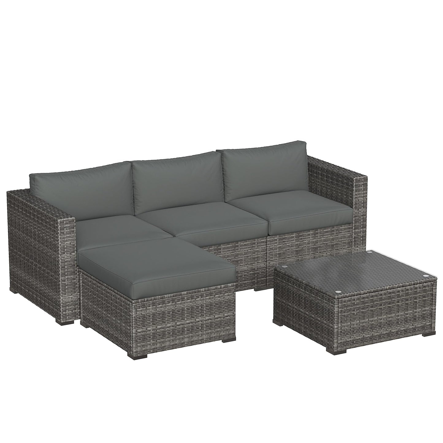 Green4ever 5-Piece Outdoor Patio Furniture Set, All-Weather Wicker Rattan Sectional Sofa with Cushions and Glass Coffee Table, Patio Conversation Set for Backyard, Porch, Garden, Balcony, Grey