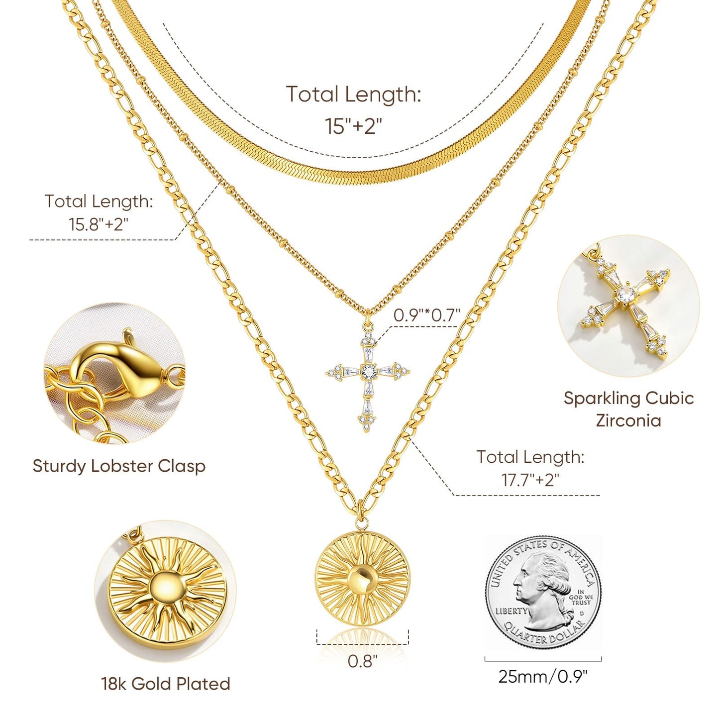 Gold Layered Necklace for Women - 3Pcs 18K Gold Plated Cross Necklaces, Stainless Steel Stackable Necklace Cuban Link Paperclip Chain Trendy Jewelry, Herringbone Choker Christmas Birthday Gift for