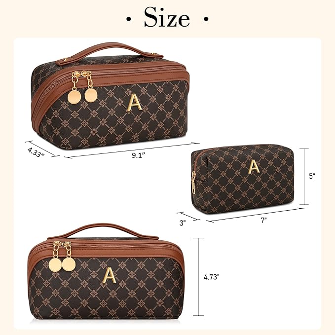Birthday Gifts for Women Teen Girl, Personalized Initial Makeup Organizer Bag Set, Open Flat Travel Cosmetic Bag With Clear Divider and Handle(Coffee,A)
