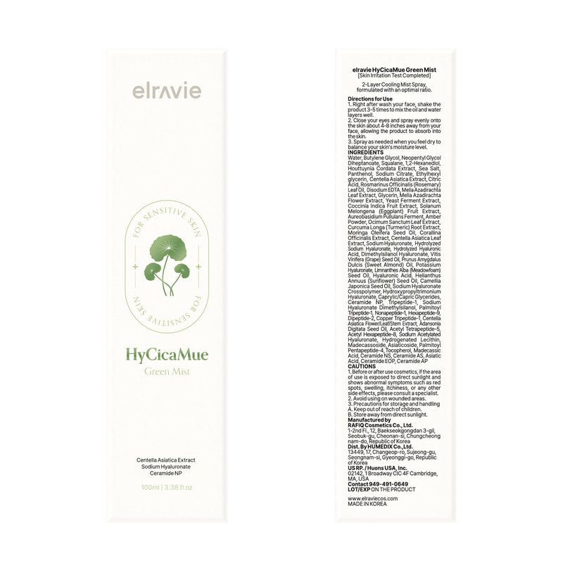 elravie HyCicaMue Green Face Mist | Ultra-Fine Face Spray for Instant Calming & Moisturizing | Cica, Peptide, Ceramide, Hyaluronic Acid | Reduce Excess Sebum & Soothe Irritated Skin | Korean Skin Care