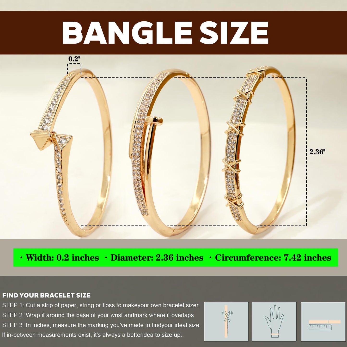 FIVESWEET 3PCS Gold Bangle Bracelet Set for Women, Copper Inlaid with 3A Zircon, Stackable Trendy Jewelry, 2.4 Inch, Great Gift for Her Girlfriend Wife Mom Sister Lover on Birthday Christmas Valentine's Day Mother's Day (Rivet & X-Element)