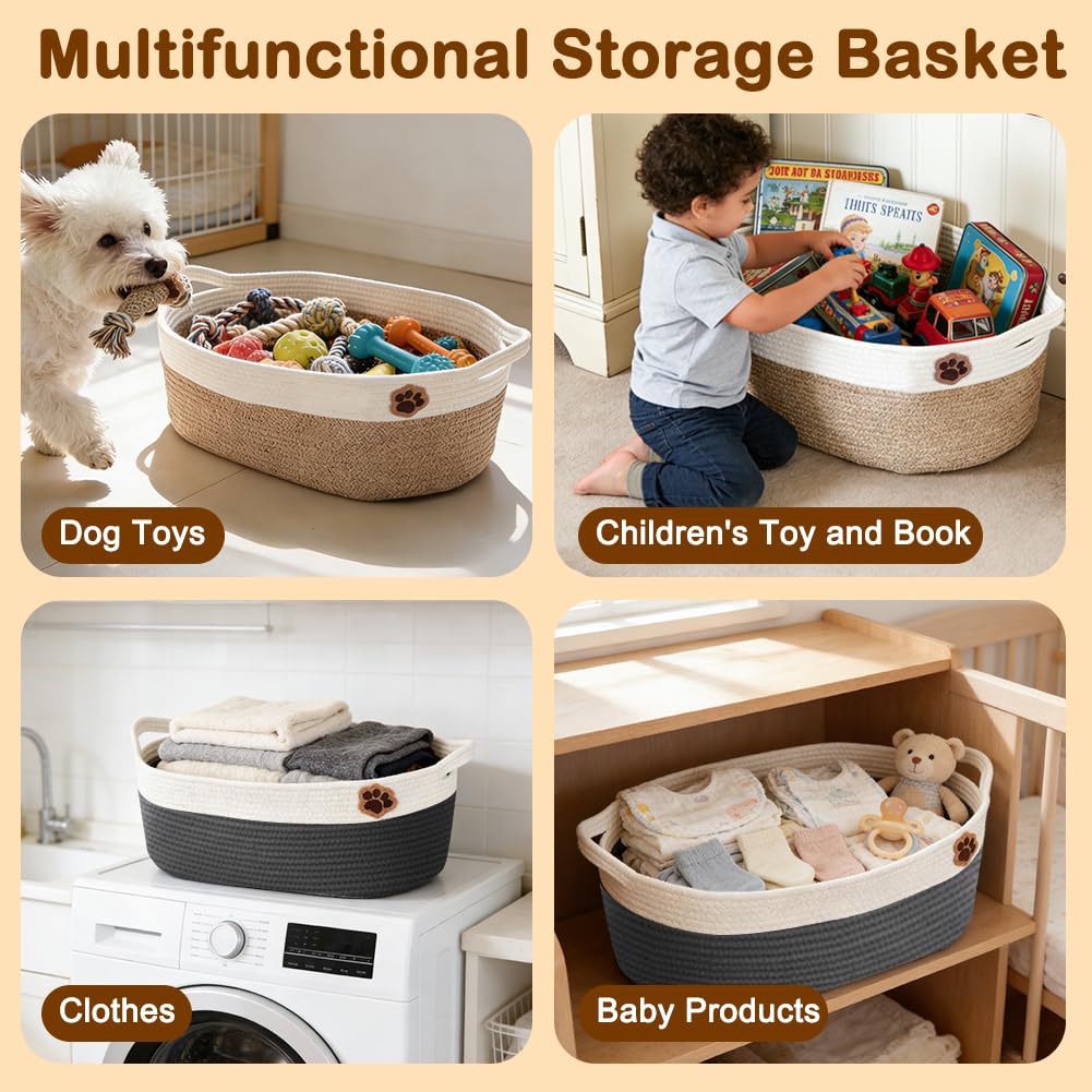 SZEE 2 Pack 30L Large Dog Toy Basket, Nursery Blanket Storage Basket for organizing, Woven Blanket Storage for Living Room, Laundry Basket with Triple-Reinforced Handles, 19.7"×11"×7.9", Brown+Gray