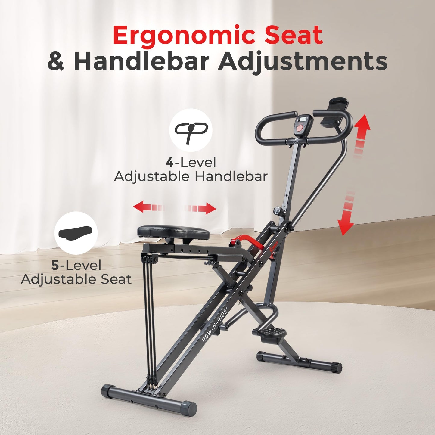 Sunny Health & Fitness Smart Upright Row-N-Ride Exerciser, Squat Assist Trainer for Glutes Workout with Adjustable Resistance, Easy Setup & Foldable, Glute & Leg Exercise Machine- NO. 077SMART