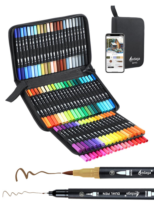 80 Colors Dual Brush Markers, Fine and Brush Tips Numbered Pens with App, for Adults, Coloring Book Bullet Journaling Note Taking Planner Hand Lettering Calligraphy Drawing Art Supplies Kit