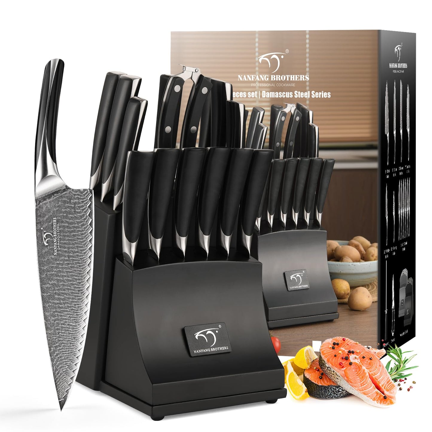 NANFANG BROTHERS Damascus Kitchen Knife Set, 15-Piece with Block, ABS Ergonomic Handle, Carving Fork, Disconnect-type Knife Block (Black)