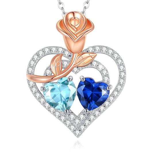 AGVANA March September Birthstone Jewelry Aquamarine Sapphire Necklace Sterling Silver Rose Flower Heart Double Birthstone Pendant Necklace Anniversary Birthday Gifts for Women Mom Wife Lady Her