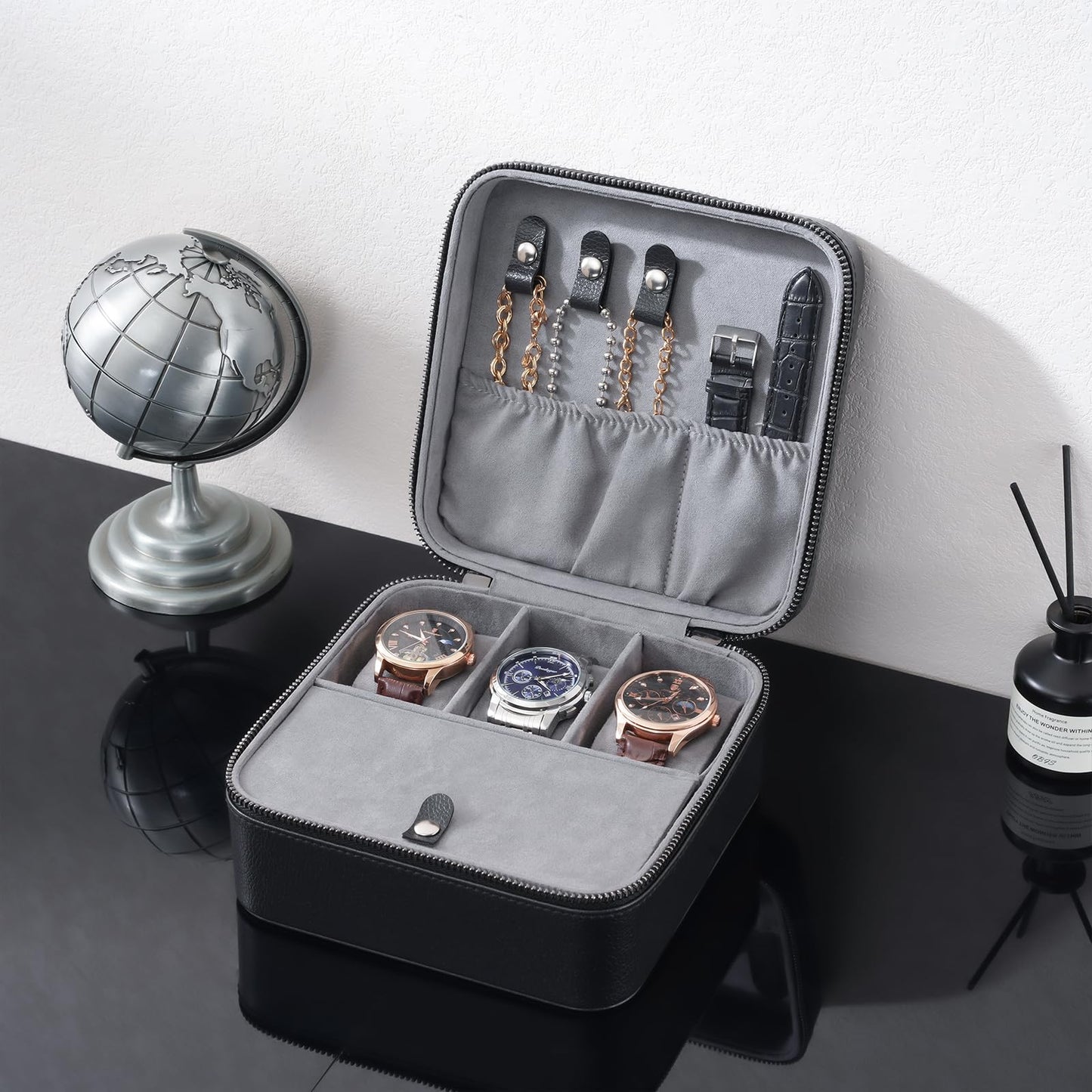 ProCase Travel Watch Case, 3 Slots PU Leather Mens Jewelry Box, Portable Watches Cufflinks Accessories Storage Case, Zippered Carrying Organizer Bag for Man, Valentine's Day Gift -Black