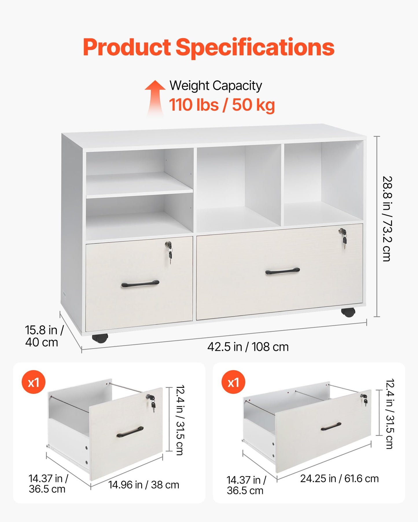 VEVOR 2 Drawer Wooden File Cabinet, Mobile Filing Cabinet with Open Shelves, Lockable Lateral Rolling File Storage with Adjustable Shelves, Free Standing Printer Stand for Home Office School, White