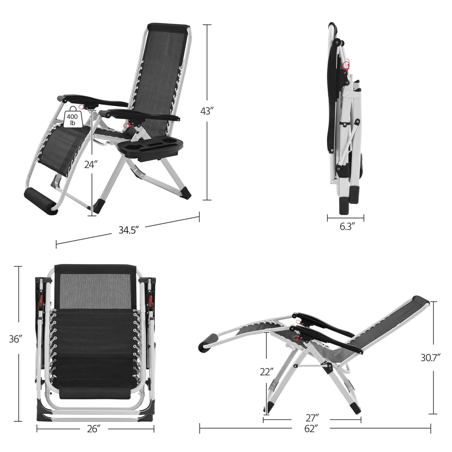 Yaheetech Zero Gravity Chair, Folding Reclining Lounge Recliner with Removable Pad & Headrest & Side Cup Holder Tray for Indoor and Outdoor Gray/1