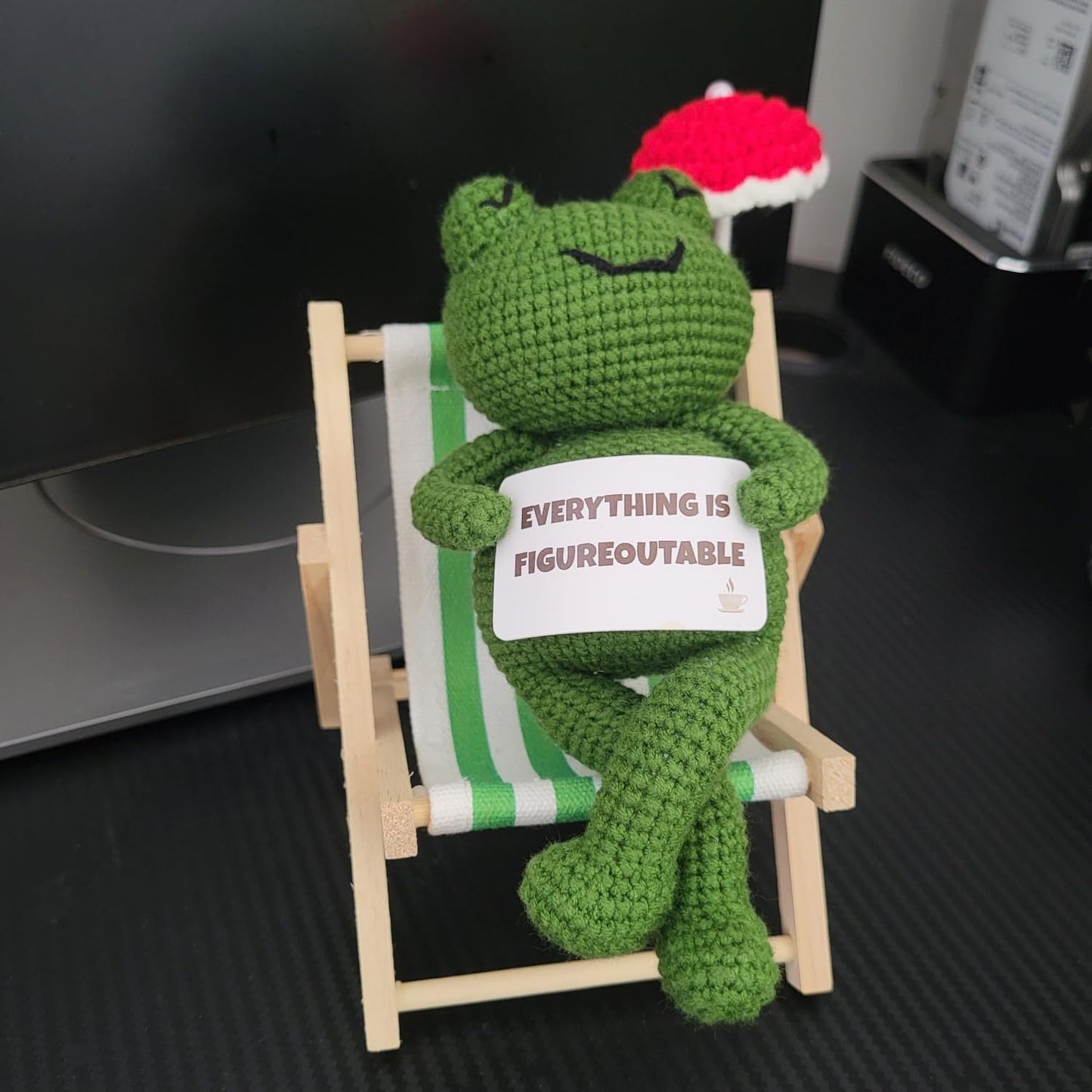 LUDEONA Inspirational Frog Desk Decor - Everything is Figureoutable Emotional Support Frog, Funny Coworker Gift for Women Men, Crochet Frog Plush with Mini Chair & Umbrella, Office Relaxation Gift