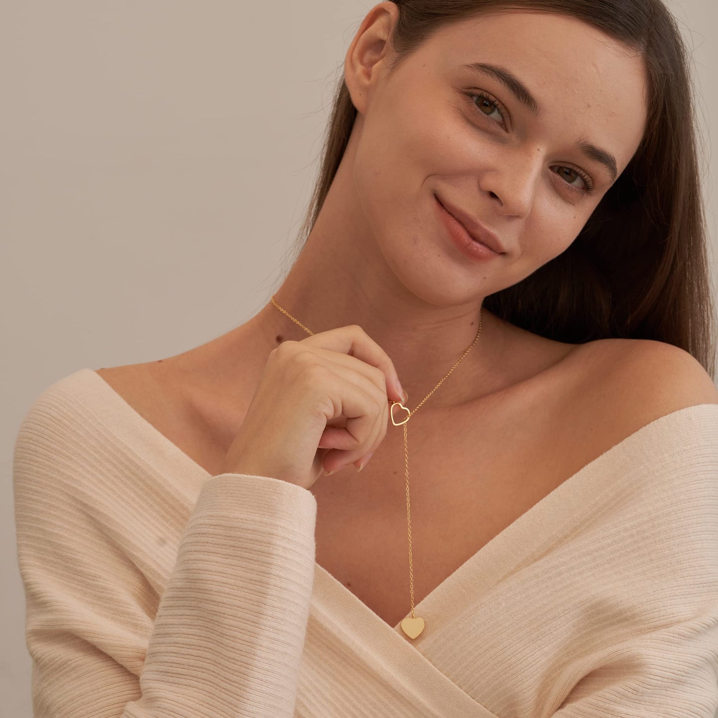 Tewiky Heart Lariat Necklace, 14k Gold Plated, Women's Fashion Jewelry, Gold Heart Pendant, 16 Inch Chain, Perfect for Parties, Weddings, Graduations