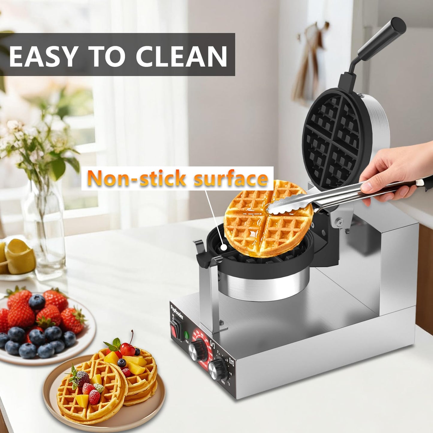 POPFOODEX Belgian Waffle Maker, 110V Industrial Waffle Maker w/Non-Stick Coating and Adjustable Temperature (122-572°F), 1200W Rotary Commercial Waffle Machine w/Timer, Restaurants and Food Trucks