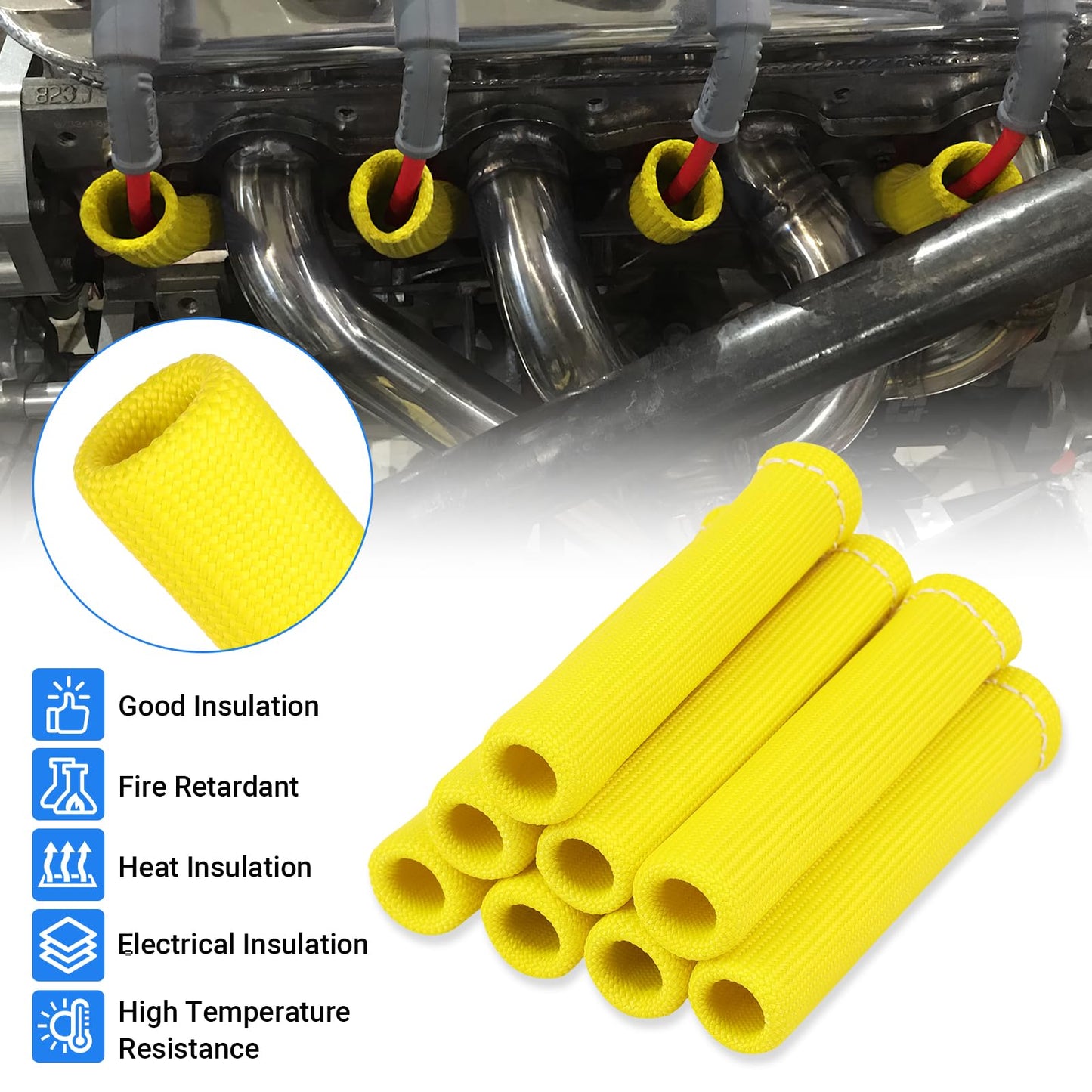 SHINEHOME 2500° Spark Plug Heat Shield Sleeve for 8PCS Spark Plug Wire Boots Ls1/Ls2 Sbc Bbc 350 454 Spark Plug Wire Heat Sleeve (Yellow)