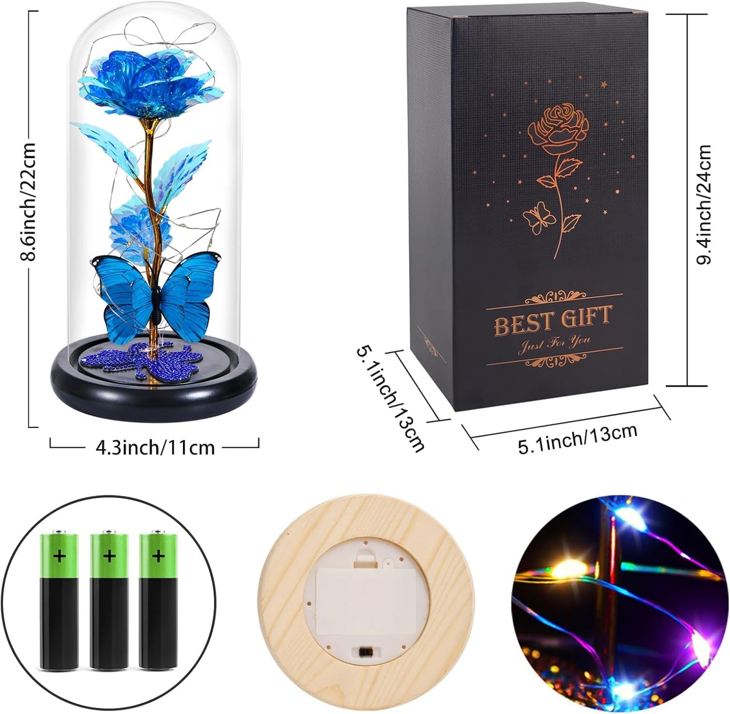 DEEMEI Mothers Day Birthday Gift for Mom from Daughter Son Blue Rose Eternal Flower Light Up Rose in Glass Dome with Butterfly, Mother's Flowers Gifts for Mom Women Wife Grandma Delivery Prime
