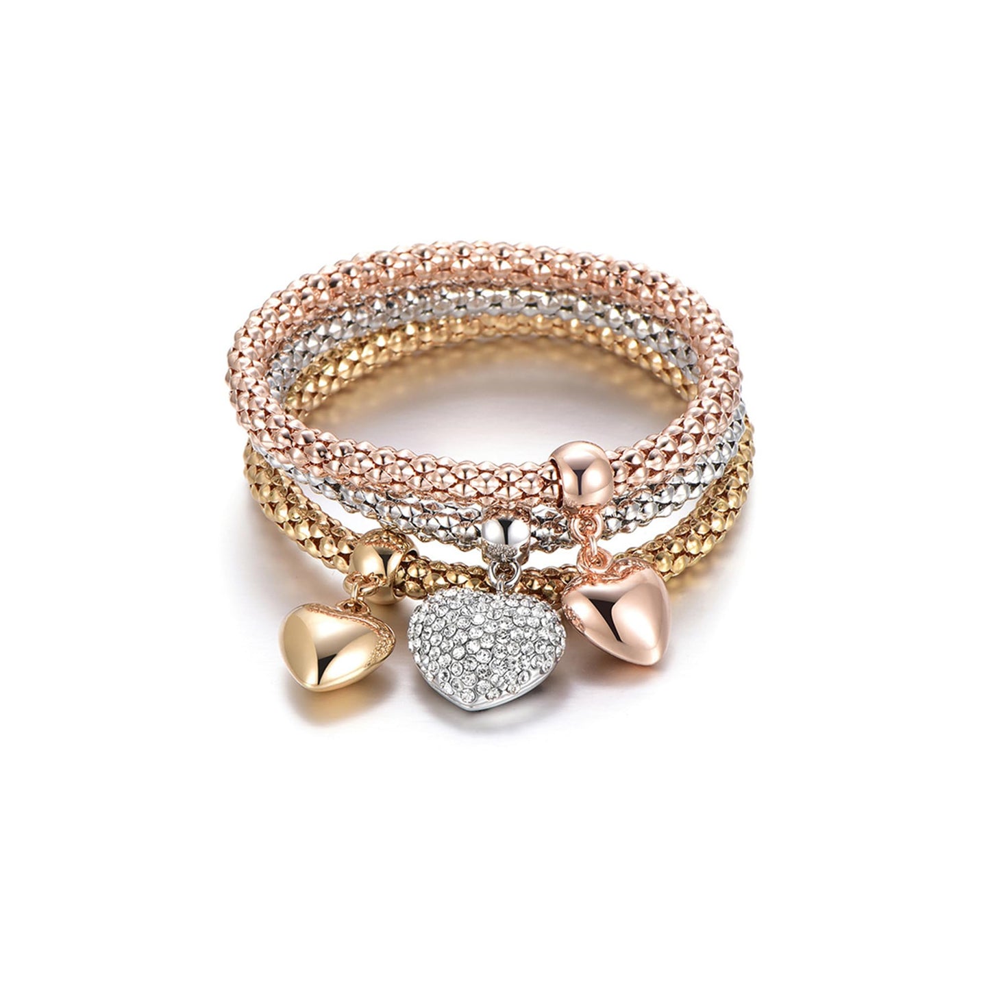 SILANER Crystal Charms Multilayer Bracelets - 3PCS Gold/Silver/Rose Gold Corn Chain Bracelet for Women, Tree of Life Heart Shaped Stretch Bracelet(Solid Hearts Charm)