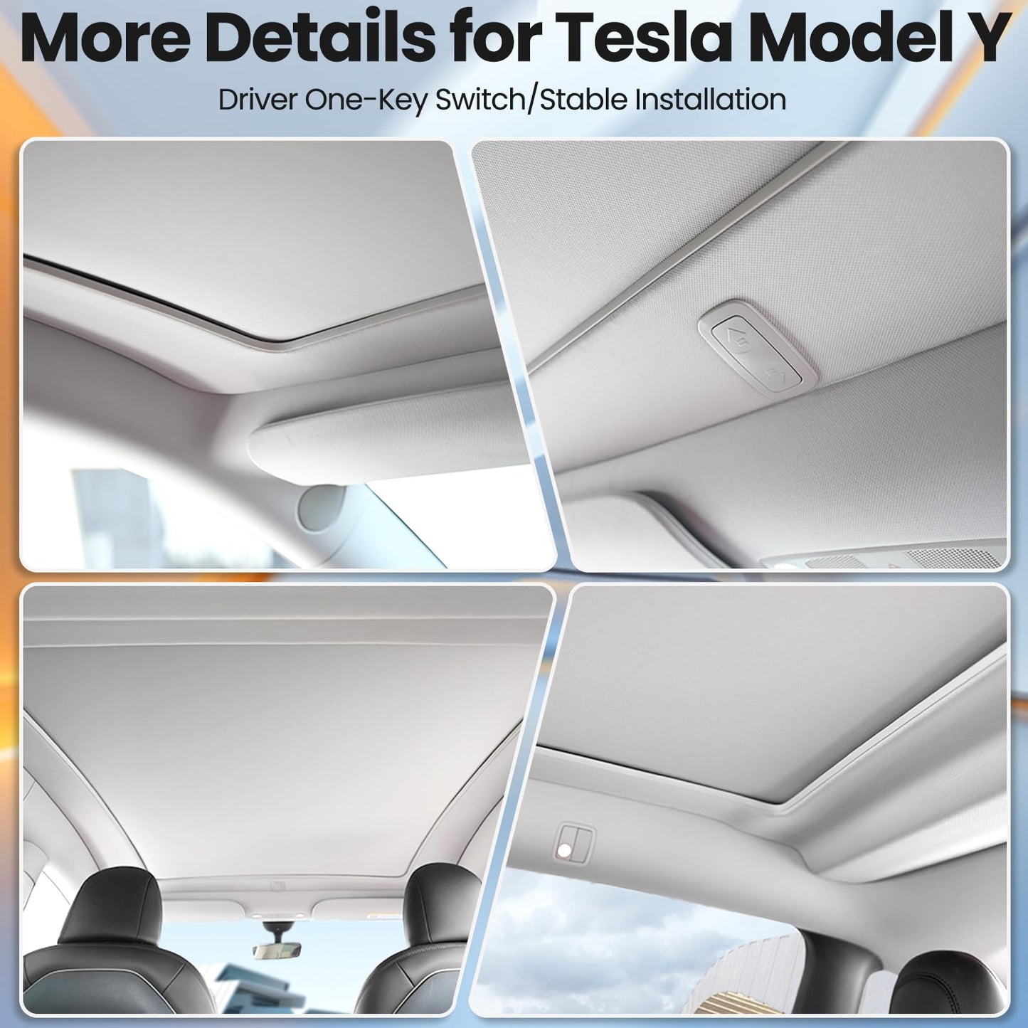 Electric Sunshade Roof for Tesla Model Y, Retractable Sunshade Roof Heat Insulation Glass Roof for Tesla Model Y 2019~2024, 5 Layer 99.9% UV Protection, Interior Gray Hidden Wires