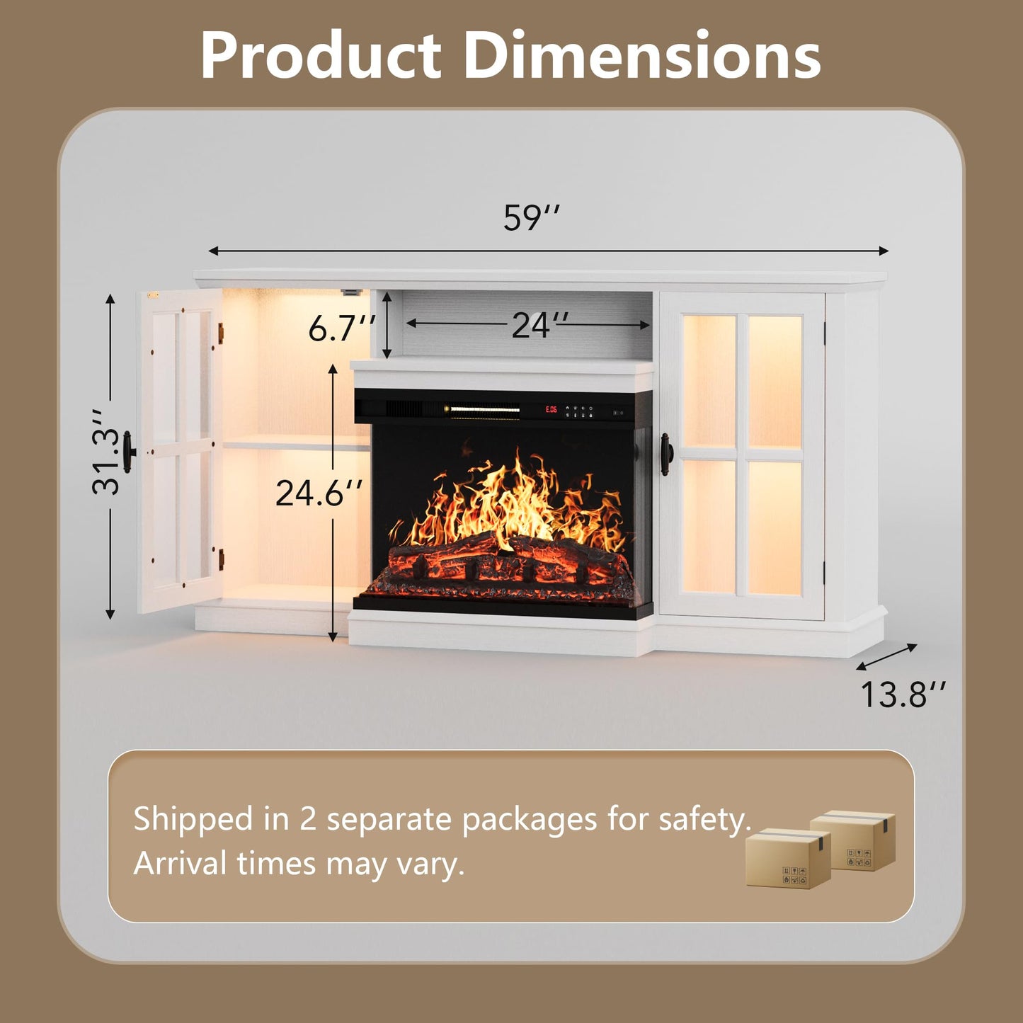 YESHOMY Glass Fireplace TV Stand for Televisions up to 65", Media Entertainment Center Console Table with Led Lights, White Wash