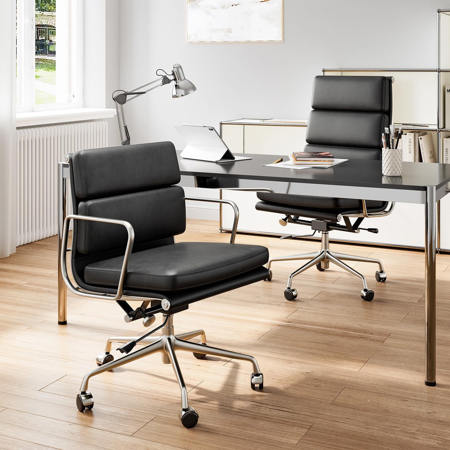 Aekinsly Top Grain Leather Mid-Back Executive Office Chair, Ergonomic Desk Chair with Aluminum Alloy Frame & 5-Star Base, Thick Plush Cushion, Lumbar Support Swivel Chair for Home Office