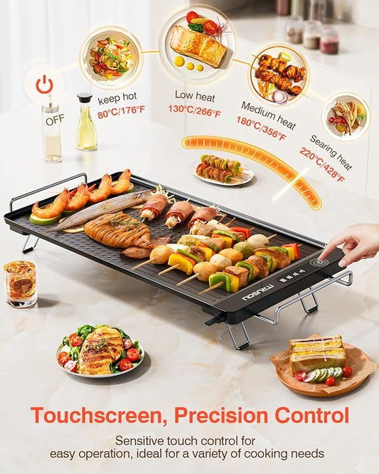 iTRUSOU Electric Griddle with Removable Touch Panel, IPX9 Waterproof, Dishwasher-Safe, 1300W Fast Heating in 10S, 18x10" Die-Cast Nonstick Plate, Foldable Design for Family Use (4–8 People)